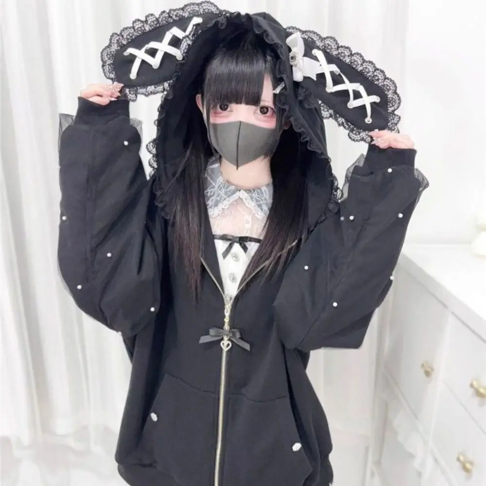 Long Sleeve Strapped Rabbit Ear Hoodie Lolita JK Winter Autumn Cardigans Women Y2K Thick Warm Kawaii Rabbit Ear Hoodie Female