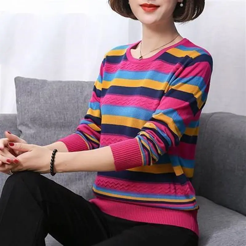 2023 Spring Autumn Fashion Thin Striped Knitted Tops Women\'s Clothing Korean All-match O-Neck Screw Thread Pullovers T-shirt