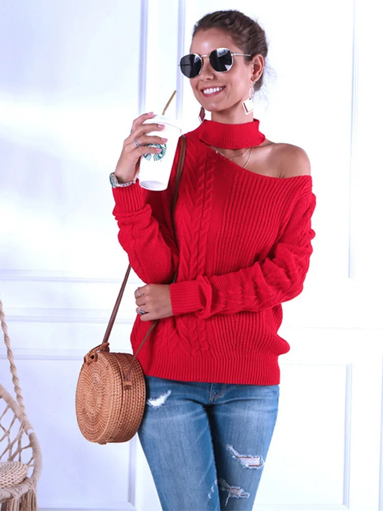 Autumn Winter Women\'s Hanging Neck Strapless Sweater New Hollow Open Shoulder Pullover Tops Orange Sweater GD197