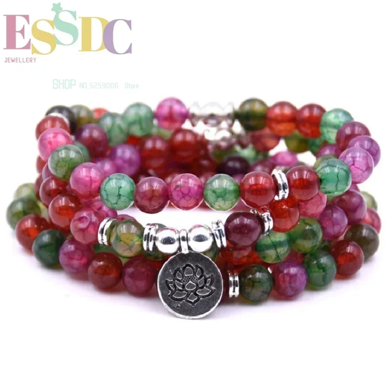 Bright Natural Colorful Onyx Energy Stone 108 Mala or Necklace with Lotus Charm Beaded Bracelet For Women Yoga Prayer