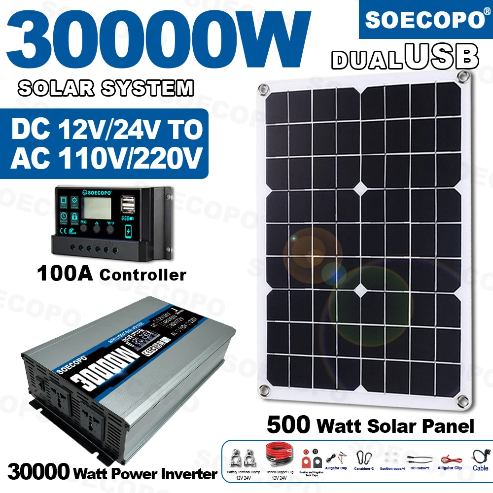 

SOECOPO 30000W Portable Solar System Generator Kit 500W Panel Inverter 100A Controller for Camping Home Backup & Outdoor Trips