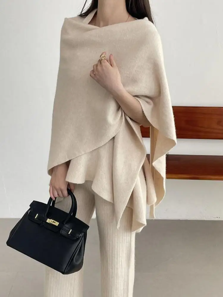 

Осень-зима женский однотонный вязаный шаль с длинными рукавами, свитер и топы без рукавов + брюки с высокой талией, повседневный комплект из трех предметов