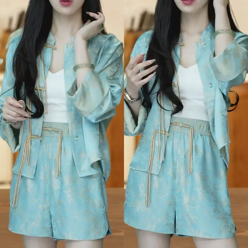 Spring and summer new fashionable women's clothing temperament fashionable slim fit printed top+shorts two-piece set