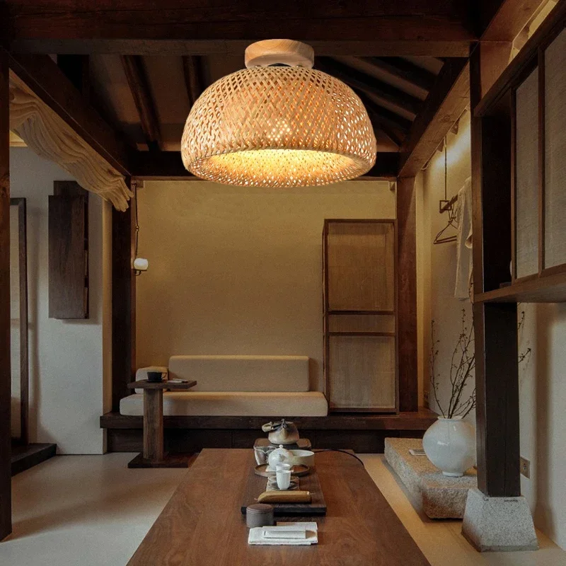 Plafoniere moderne in bambù naturale E27 Minimalismo Illuminazione creativa per la casa Sala da tè Zen cinese Decorazione corridoio Lampada a gabbia