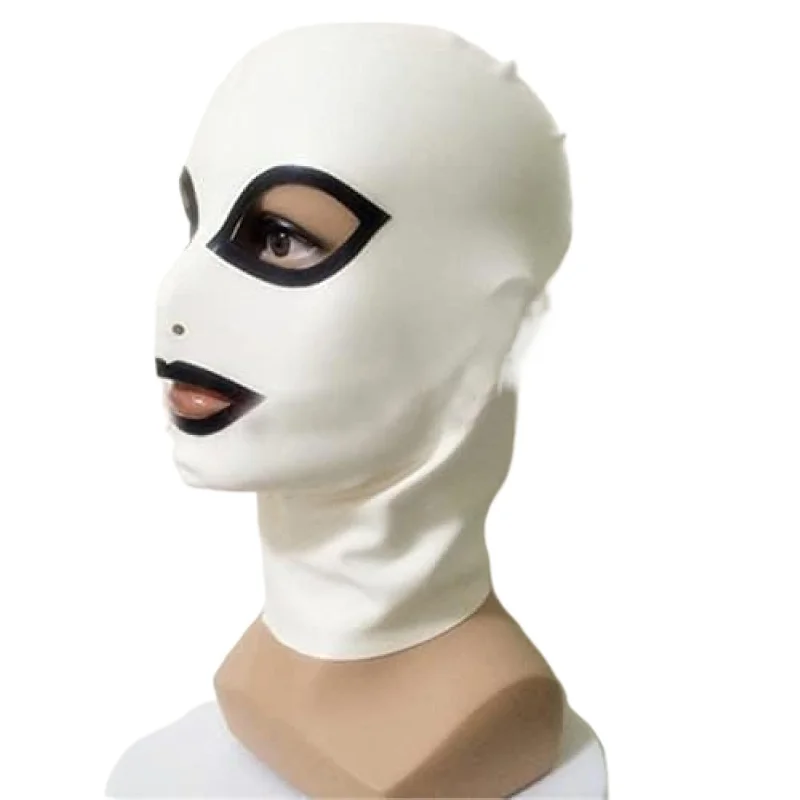 

White Latex Hood with Black Trim Back Zipper Open Eyes Rubber Mask