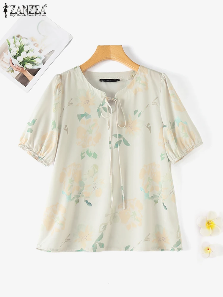 ZANZEA Vintage Casual Floral Print Tunic Summer Women Chiffon Blouse Retor Holiday Blusas Korean Bandage Round Neck Tops Shirt