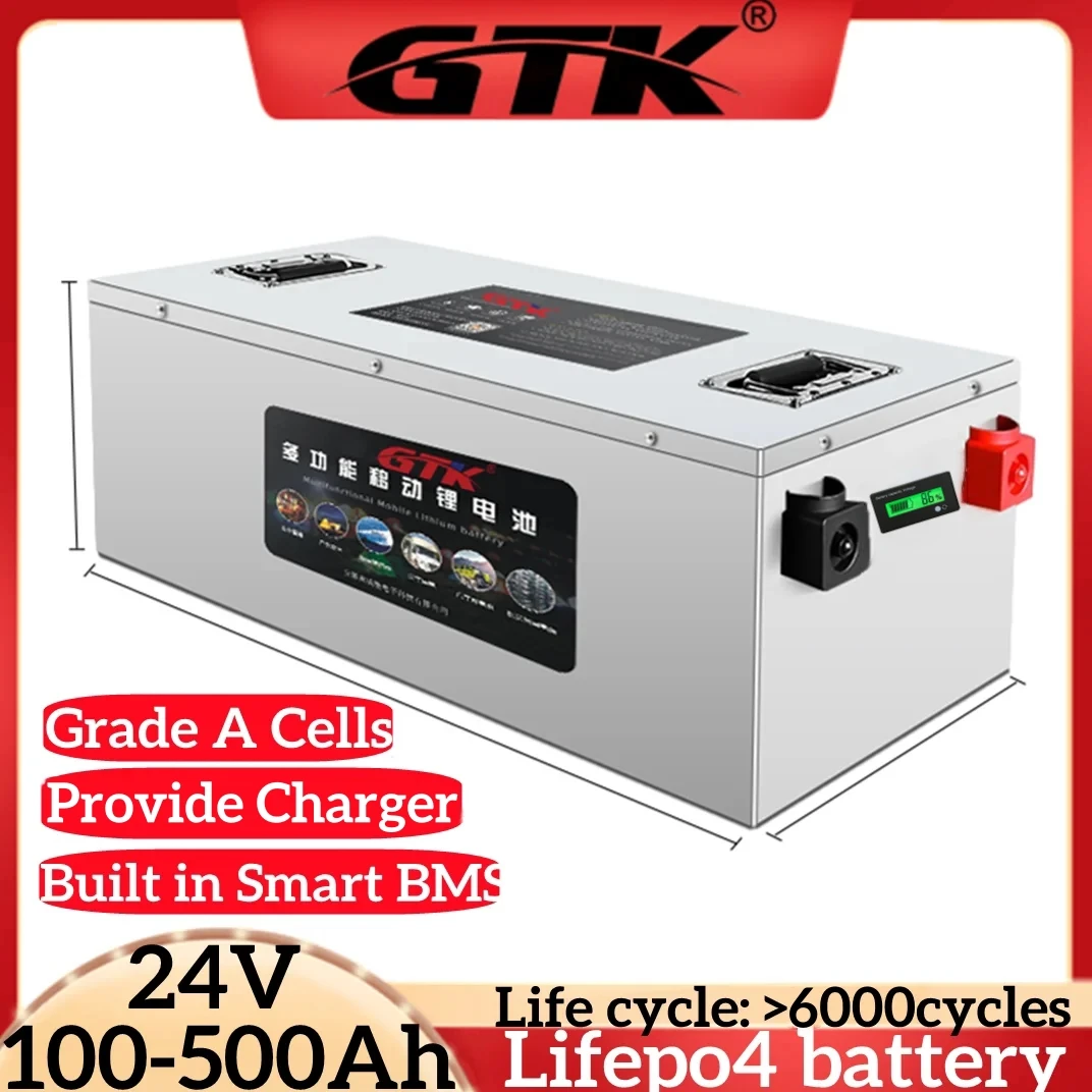 GTK 24V 200ah Lifepo4 Battery 100Ah 150Ah 250Ah 300Ah 350Ah 400Ah 500Ah Rechargeable for 2000W Solar System UPS Trolling Motor