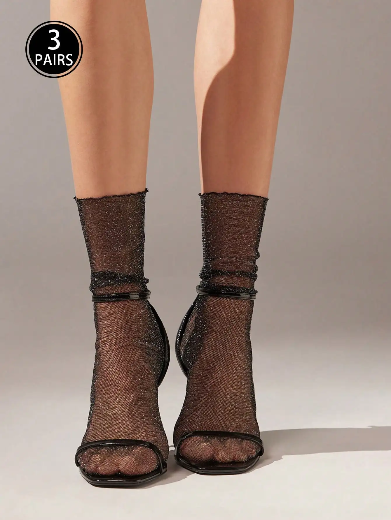 3 Pairs Ladies Black Socks Sexy Transparent Mid-Calf Stockings Mesh Ultra Thin Lace Stockings Stage Party Stockings