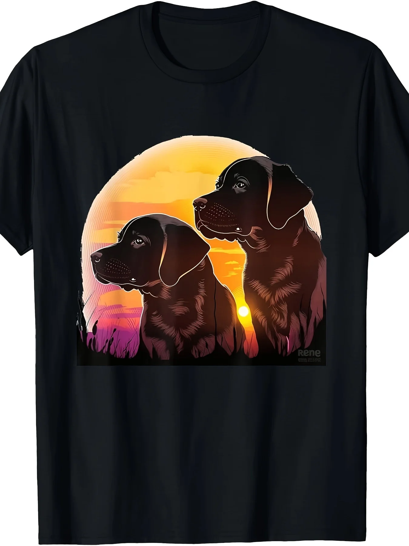 2026 Labrador Retriever Puppy T-Shirt - Black Short Sleeve Casual Shirt with Cute Labrador Puppies & Sunset Print, Round Neck Do