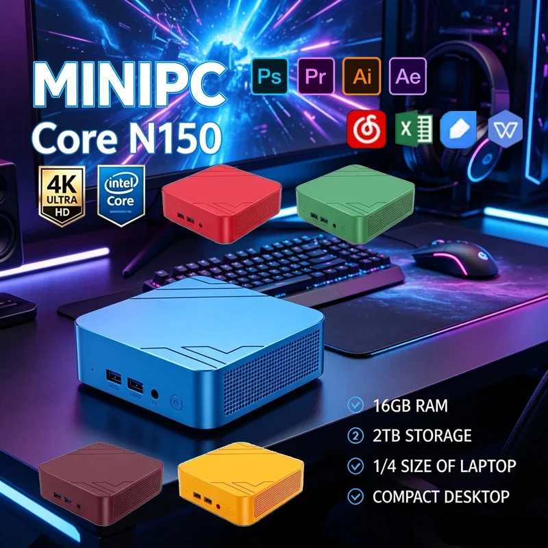 Vibrant Color Mini PC Intel N150,16GB RAM 2TB NVMe SSD Win11 WiFi6 BT5.2 4K Workstation for Multitasking,Office & Gaming