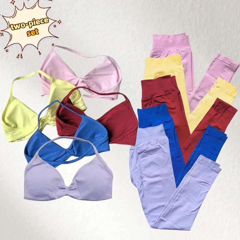 

2025 Йога, комплект из 2 предметов, летний женский костюм для фитнеса, йоги, фитнеса, брюки с подтяжкой бедер, бюстгальтер с воротником, компакт цвета допамина, пилатес