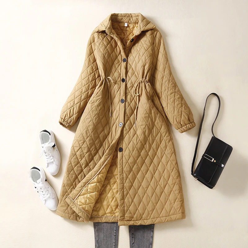 Leichte Baumwoll-Windjacke für Damen, mittellang, mit Kordelzug an der Taille, schlankmachender Baumwollmantel, Winter, neue warme Langarm-Oberbekleidung