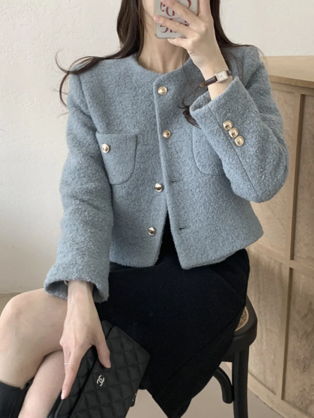 

Faionable ort шерстяное пальто женское осенне-зимнее шикарное простое стеганое пальто небольшого размера модный круглый топ Ne