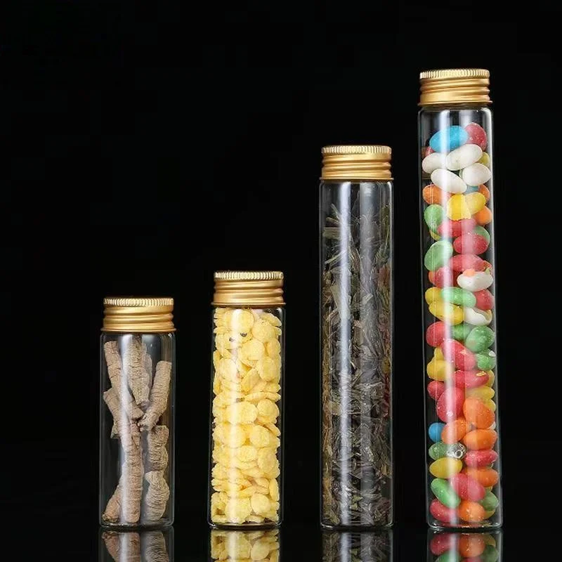 Clear Glass Test Tube Vials With Golden Aluminum Screw Cap 10-100ml Empty Storage Bottles for Candy Pill Small Items Spice Weddi