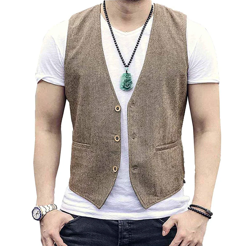 Men\'s Suit Vest Herringbone V-Neck Casual Jacket Business Office Work Wear Male Waistcoat