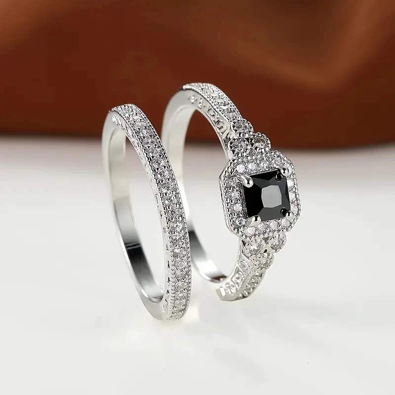 Huitan Princess White/Black Set Rings for Women 2Pcs Luxury Cubic Zircon Wedding Accessories Temperament Elegant Female Jewelry
