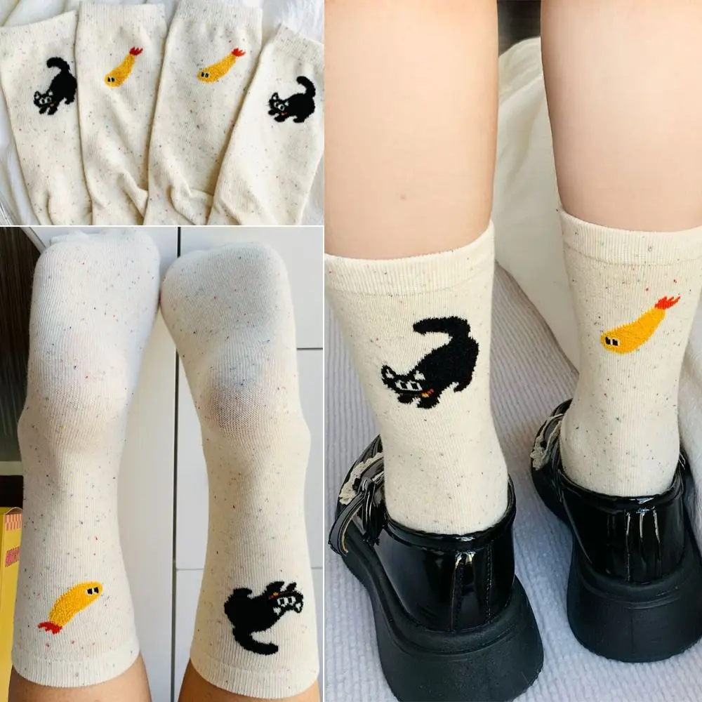 Harajuku Street Cartoon Socks New Cotton Breathable Mid Tube Socks Cat Pattern Asymmetric Fish Embroidery Socks