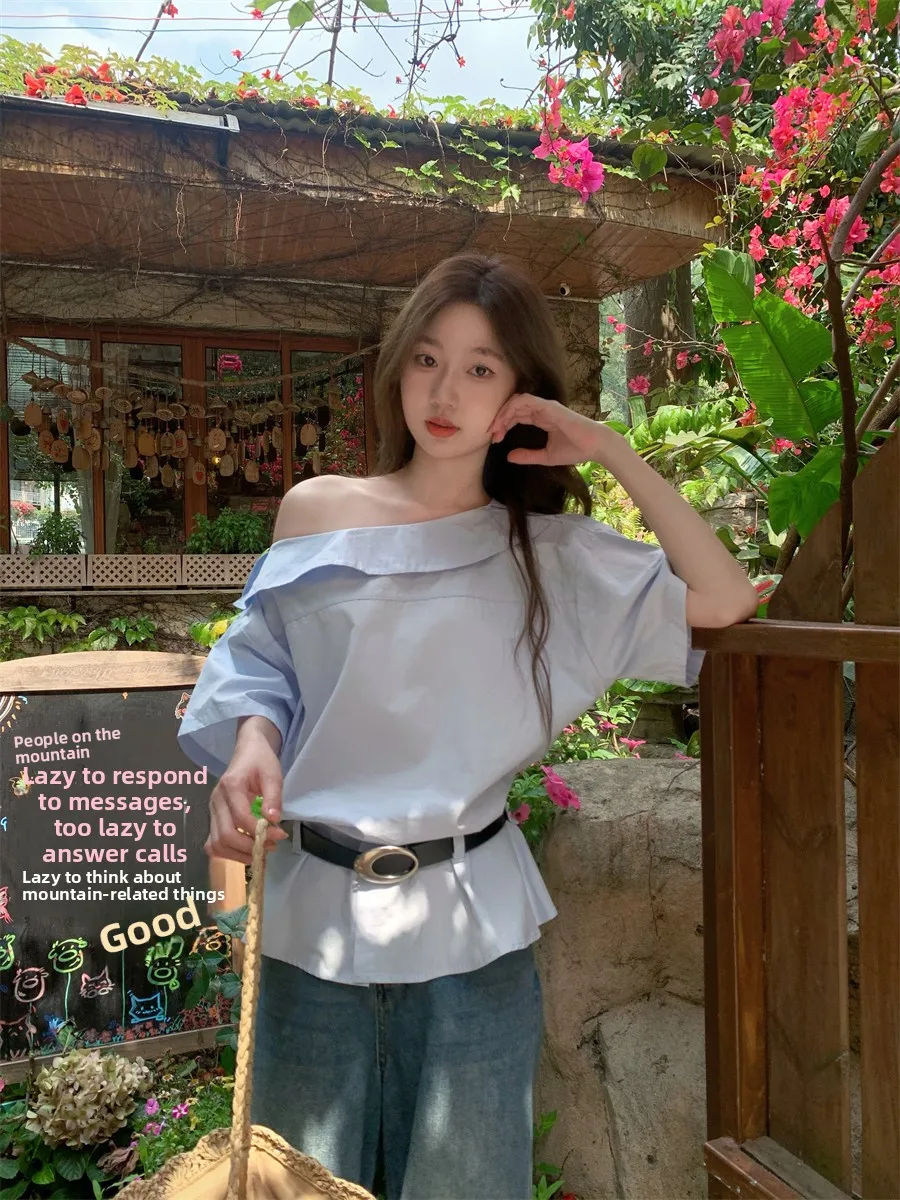 

Женская летняя свободная универсальная рубашка Kumikumi Design Color Elegance с асимметричным плечом и коротким рукавом