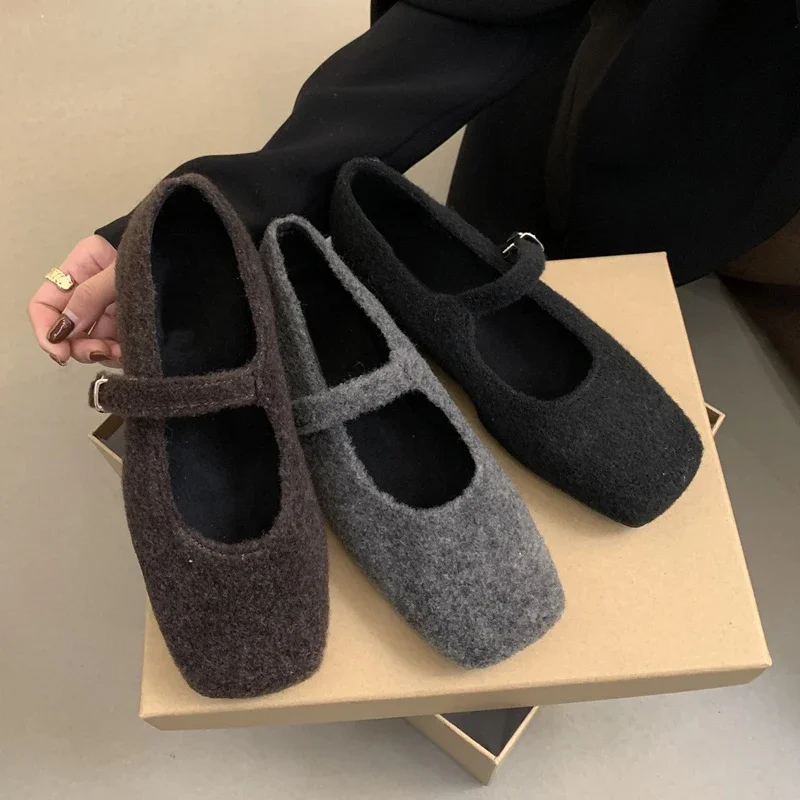 Moda punta quadrata in pile Flet ballerine donna inverno caldo lana Mary Jane scarpe donna Brand Design eleganti mocassini in peluche