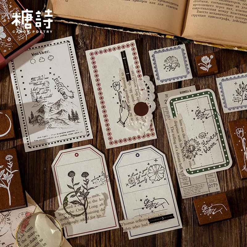 JIANWU 6 Pcs Vintage Sketch Plants Wooden Stamp DIY Scrapbooking Diary Decorative Wooden Rubber Seal Kawaii Stationery Supplies