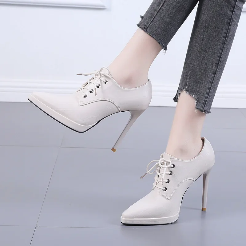 Korean Style Women Boots PU 10CM Thin High Heels Pointed Toe Lace-up Street Style British Style Cross-tied Party Womens Shoes