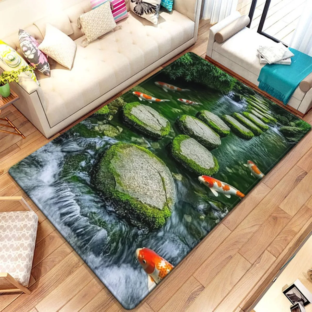 Indoor Decorative Area Rug Pond Koi Fish Scene Japanese Zen Garden Mossy Stones Large Living Room Carpet Mat