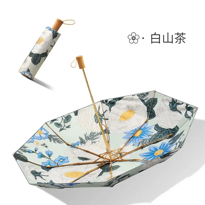 

Прочный складной женский зонт с двойным механическим приводом, 8 спиц, деревянная ручка, креативный винтажный дизайн с цветочным принтом с двух сторон, UPF50+