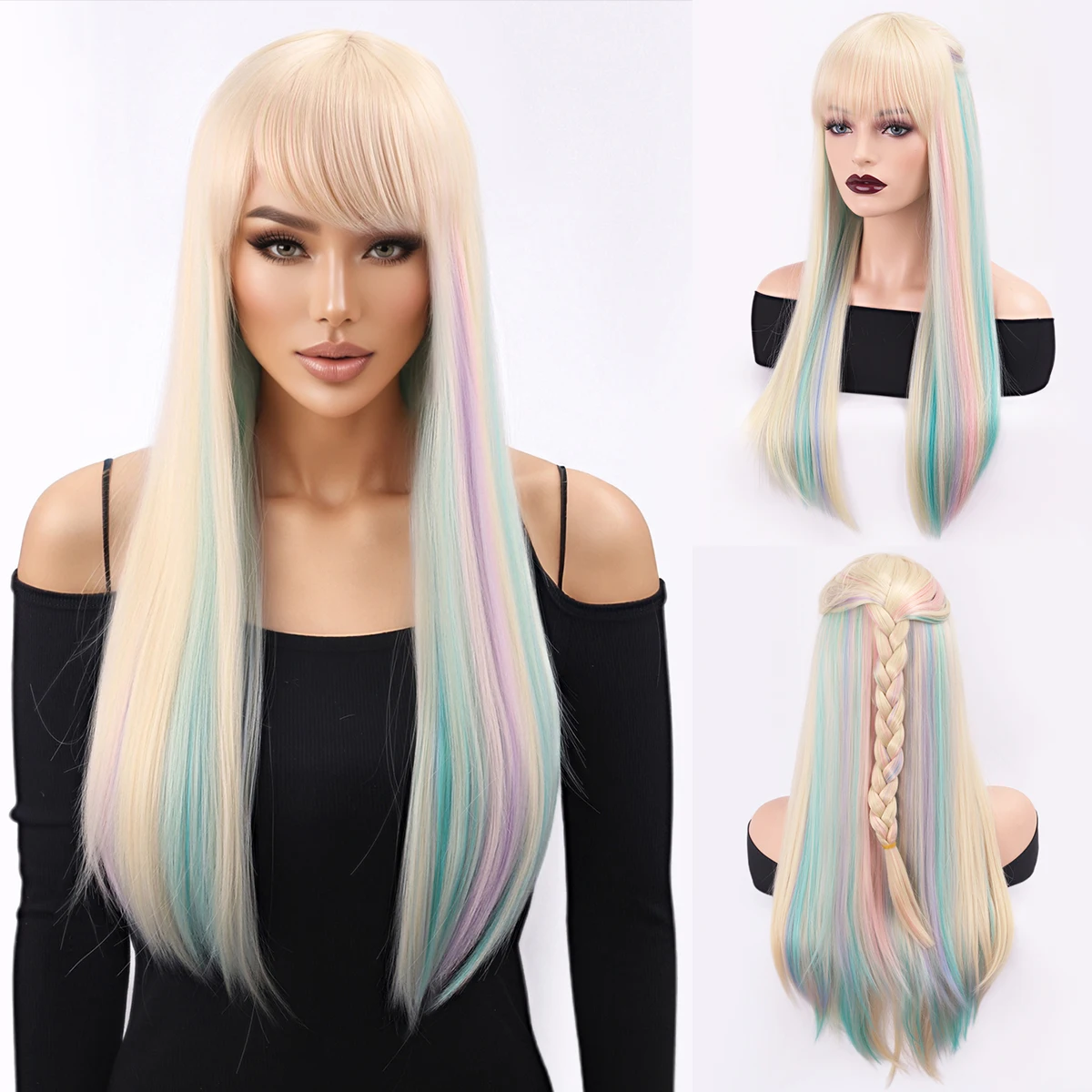 Cross Border European and American Wig Women's Bangs Long Straight White Gold Color Highlight Dyeing-Synthetic Fiber Wig