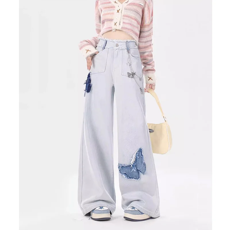 

Straight High Waisted Jeans Women New Full Length Wide Leg Denim Pants Fashion Y2K Light Blue Loose Trousers For Women 2024