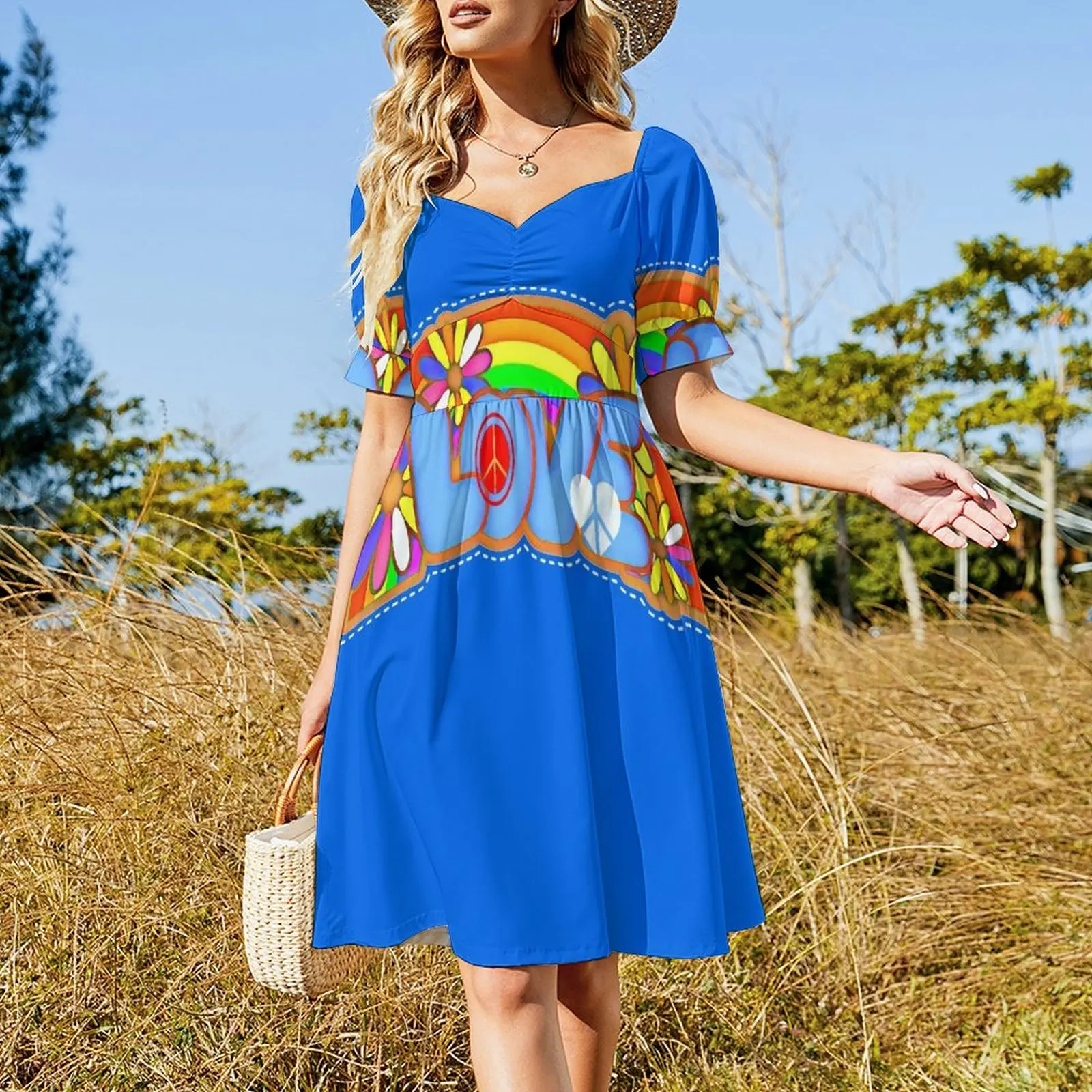 Love Retro Peace Sign Hippy Art Short Sleeved Dress women's evening dresses 2025 sexy short dresses daring Dress