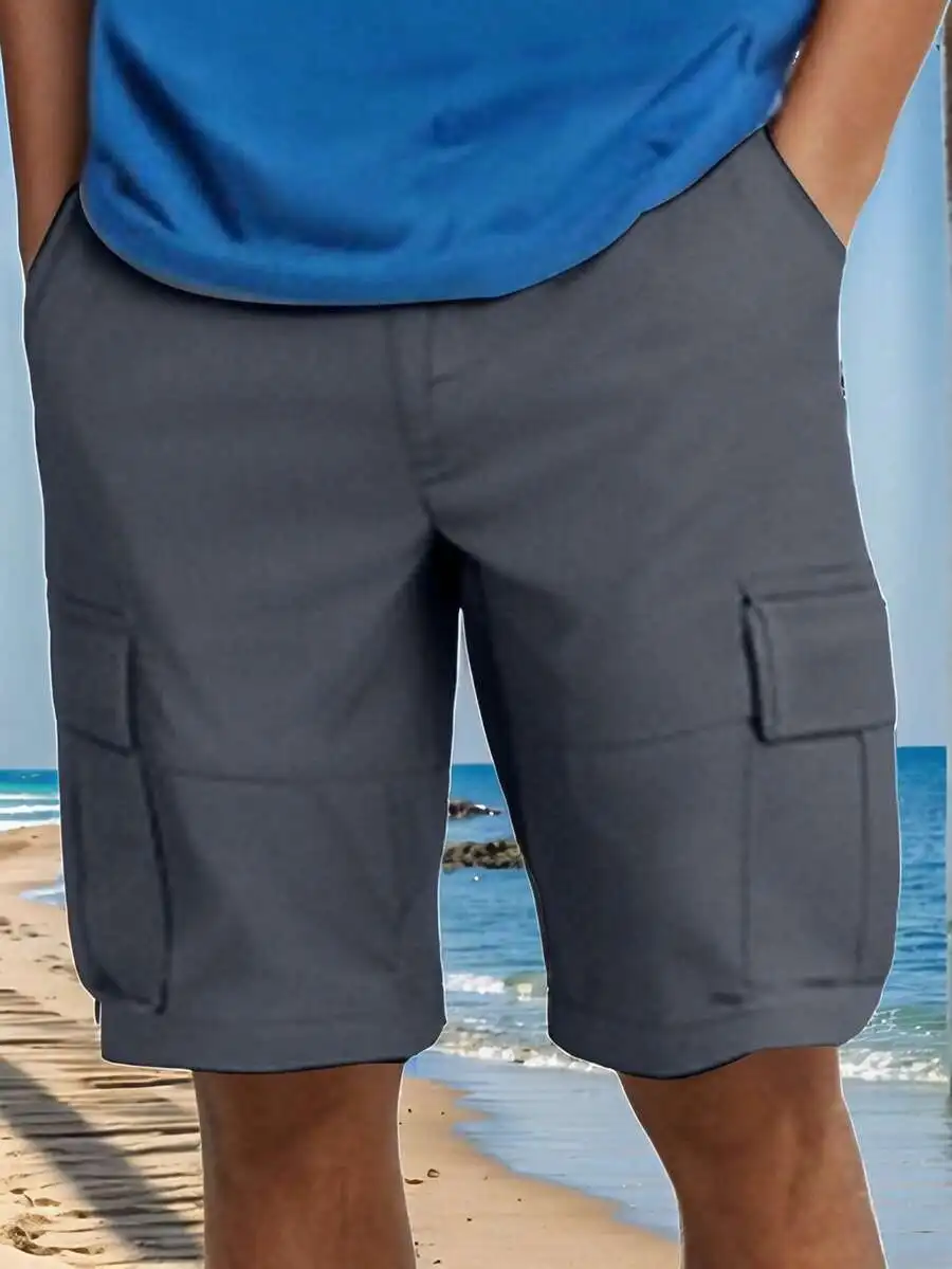 

Men Solid Color Loose Casual Elastic Waist Multi Pocket Cargo Shorts