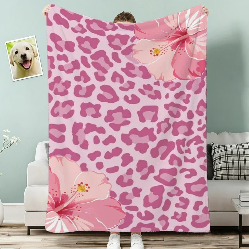 Pink Leopard Print Hibiscus Flower Combo Fleece Blanket For Tropical Bedroom Decor Lightweight Plush Throw Blanket Accent