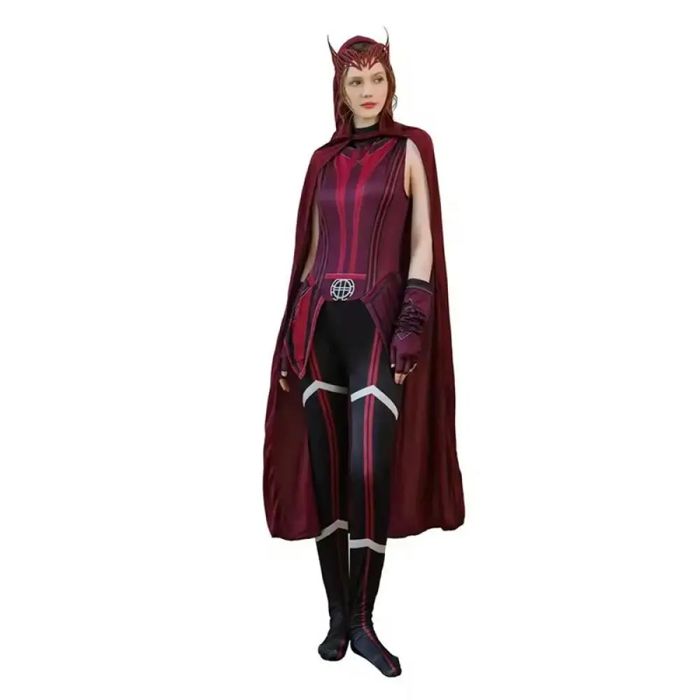 Scarlet Cosplay Hexe Maximoff Wanda Vision Cosplay Kostüm Kopfbedeckung Umhang und Hose Komplettset Outfit Halloween Zubehör
