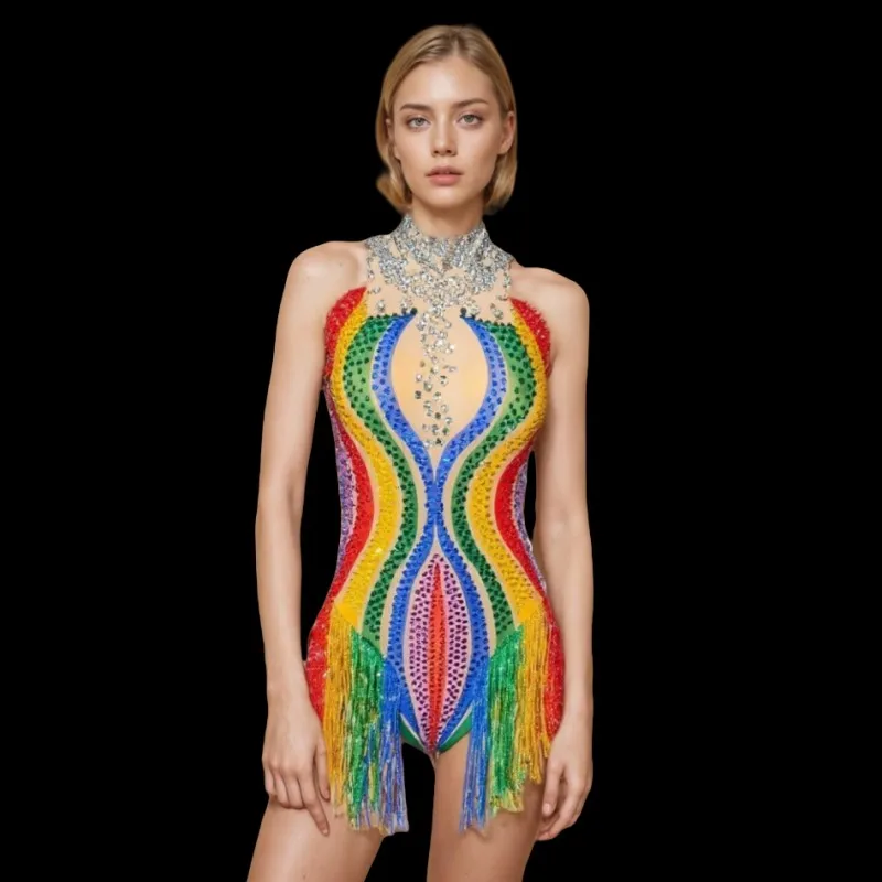 Rainbow Stripes Rhinestones Tassel Bodysuit Sexy DJ Nightclub Stage Performance Costume Crystal Mesh Fringe Leotard Dance Outfit