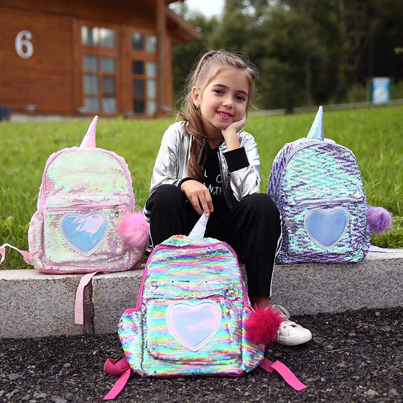 Unicorn Sequin Backpack Cartoon School Bag School Bookbag Large Capacity Book Food Storage Double Shoulder Backpack Travel Bag