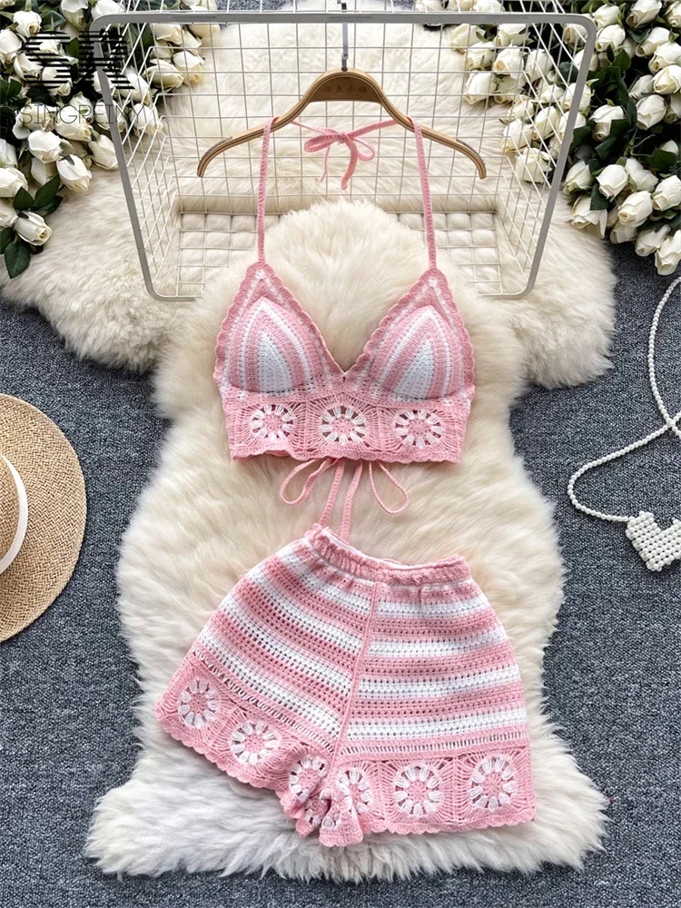 Beach Vacation Knit 2Pcs Suits Women Halter Sleeveless Lace Up Camis+Elastic Waist Shorts Hook Flower Hollow 2Pcs Set