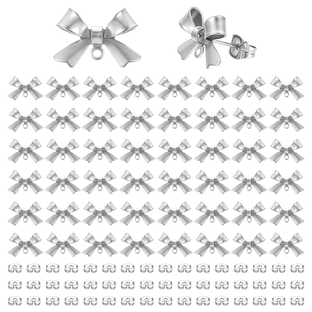 25 Pairs Metal Bowknot Stud Earring Finding 10x15mm 304 Stainless Steel Shape Studs with Loop Earring Posts for DIY Jewelry