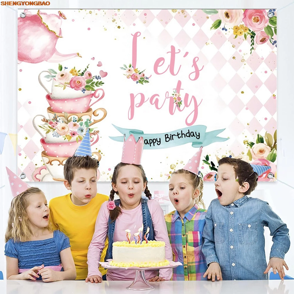 Princess In Wonderland ดอกไม้สีชมพูกระโปรงสาววันเกิดการถ่ายภาพฉากหลัง Tea Party Baby Shower Photo Studio พื้นหลัง