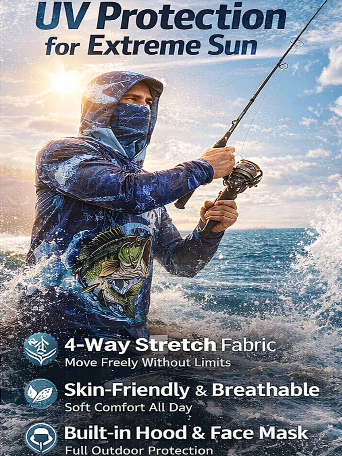 Bass Print Hooded Fishing Shirt Men Long Sleeve Green Splash Blue Coral Leaf Pattern Built in Face Mask UPF Cooling Quick Dry