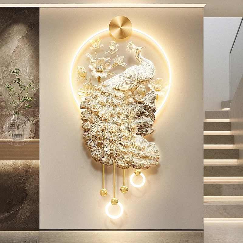Cream style peacock entrance decoration painting, three-dimensional relief peony flower mural lamp