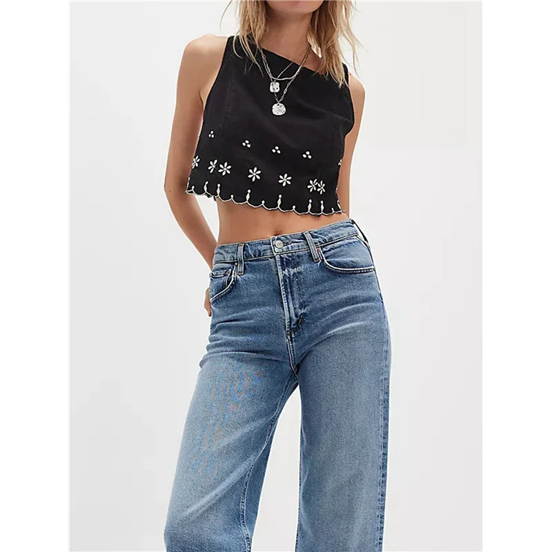 FX-chemisier sans manches à col rond pour femme, couleurs contrastées ondulées, bordure d'ourlet, broderie