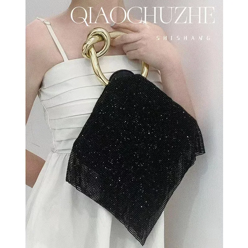 Luxus Gold Metall Griff Frauen Handtasche Glitter Glänzende Strass Diamant Abend Tasche Hochzeit Party Kupplung Geldbörse Schulter Tasche