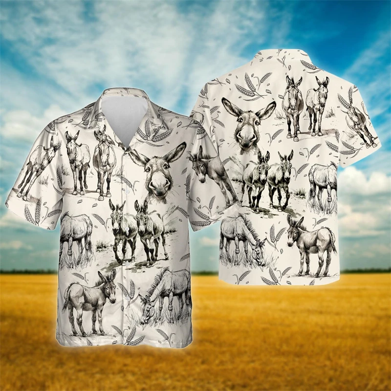 Funny Donkey Graphic Beach Shirt Casual Hawaiian Short Sleeve Blouses Farm Animal Lapel Blouse Aloha Shirts For Men Clothes Tops
