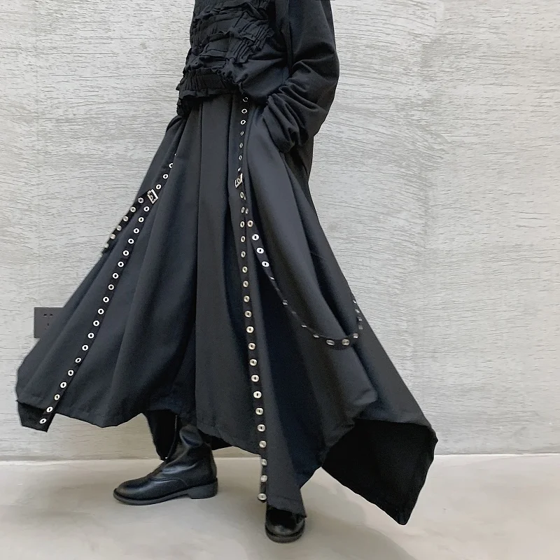 Four seasons Yamamoto style dark men's and women's skirt pants rivet webbing decoration loose wide leg pants hairstylist skirt