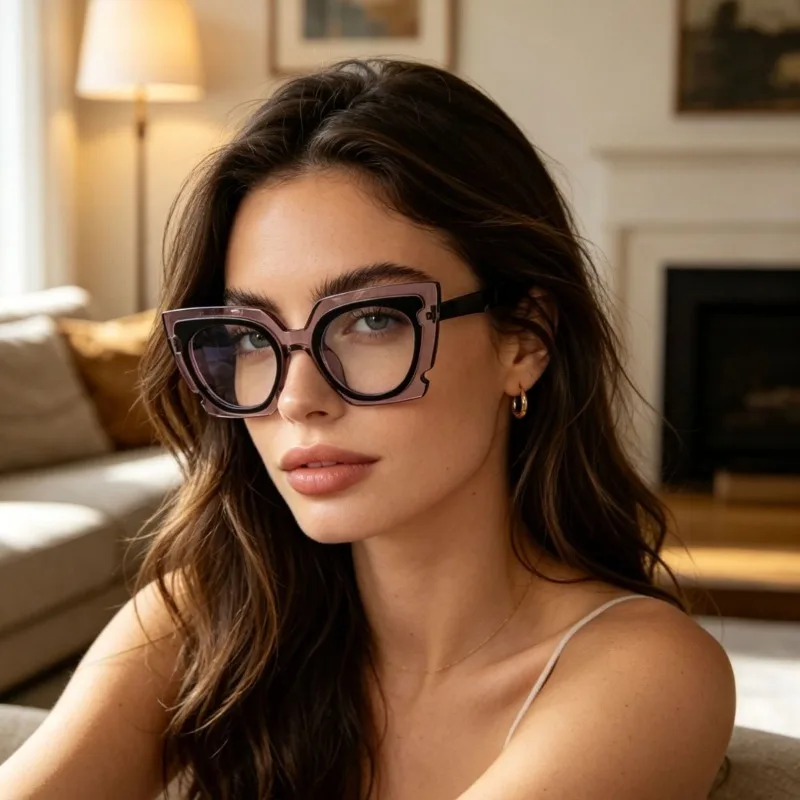 

Fashion Geometric Cat Eye Eyeglasses for Women Two-Tone Pink & Black Frame Anti Blue Light Clear LensGlasses for Daily