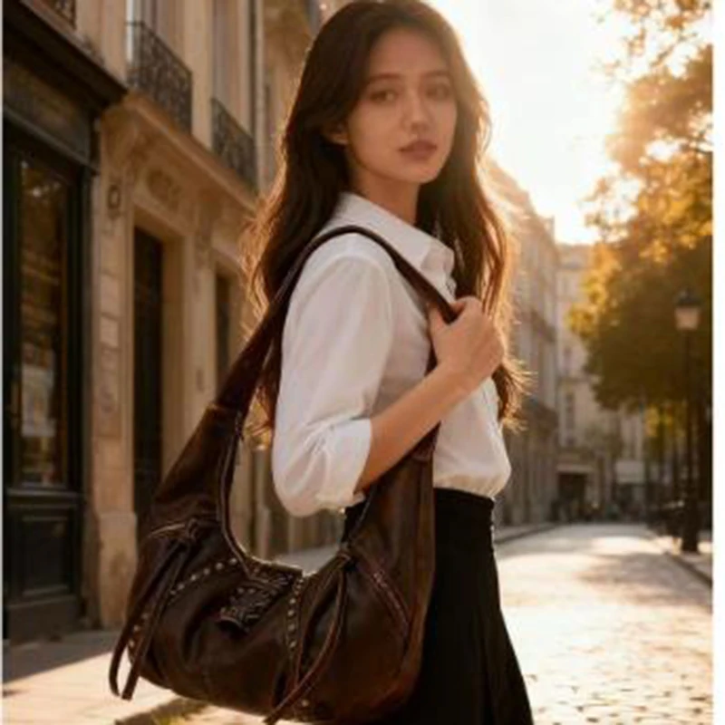 

New Vintage Brown Women PU Leather Handbags Studs Rivets Lady Shoulder Bags for Women Casual Female Tote Shopping Bag