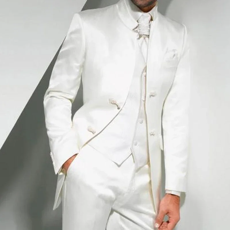 Trajes de túnica larga blanca Vintage para hombre, esmoquin de boda para novio con cuello levantado, conjunto de traje de moda para hombre de 3 piezas, chaqueta, chaleco y pantalones