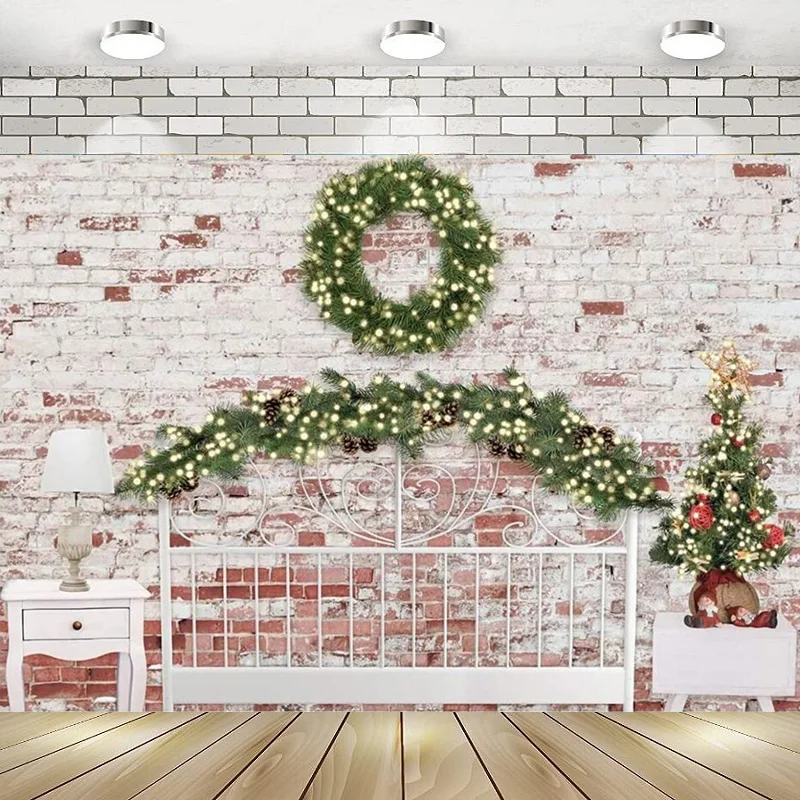 

White Headboard Bed Brick Wall Holiday Family Newborn Photography Backdrop Happy Birthday Party Background Banner Decor