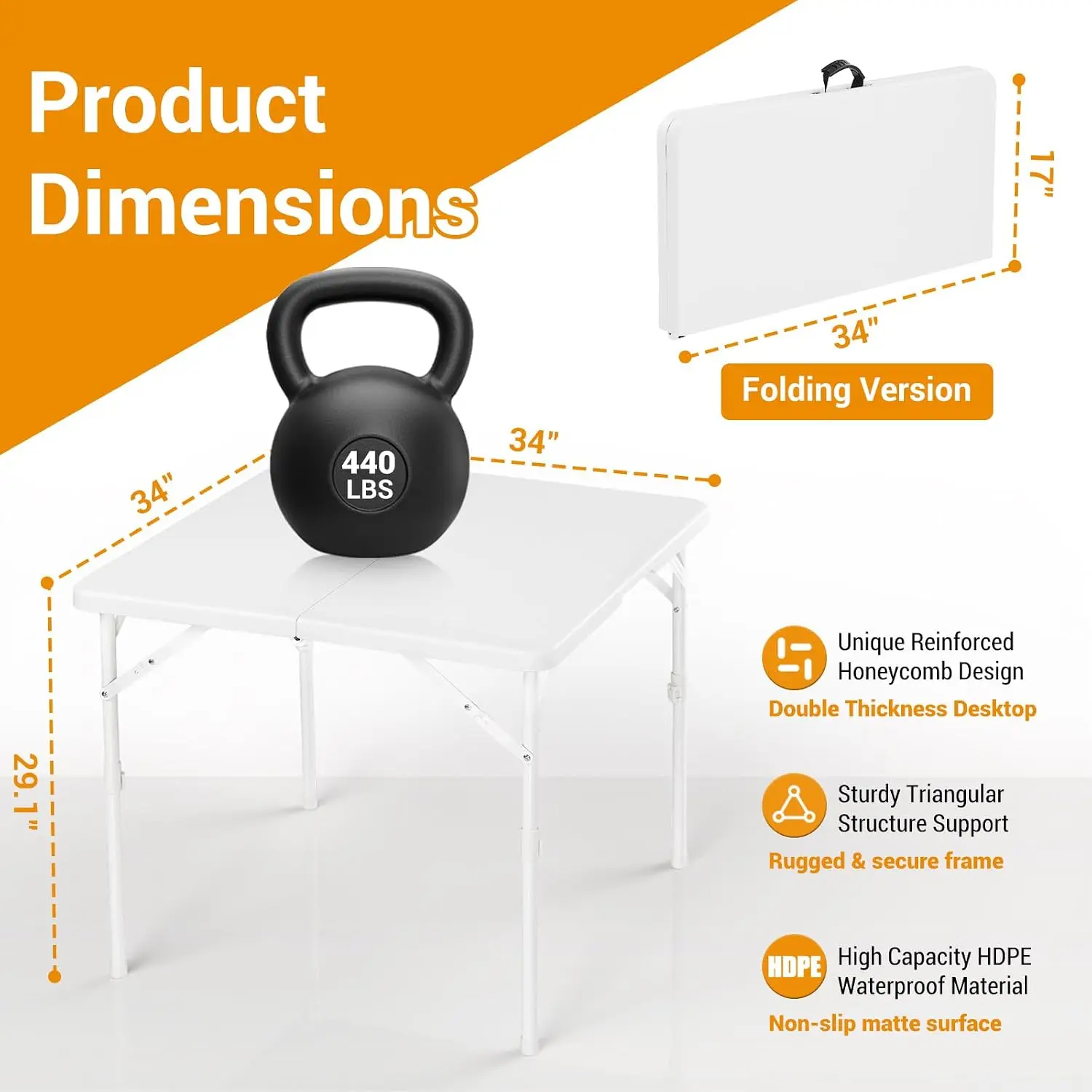 34" Square Folding Table, Multi-Functional Portable Foldable Card Table with Carrying Handle for Indoor Outdoor Camping Picnic Office Party Use Plastic Tabletop with Metal Frame White