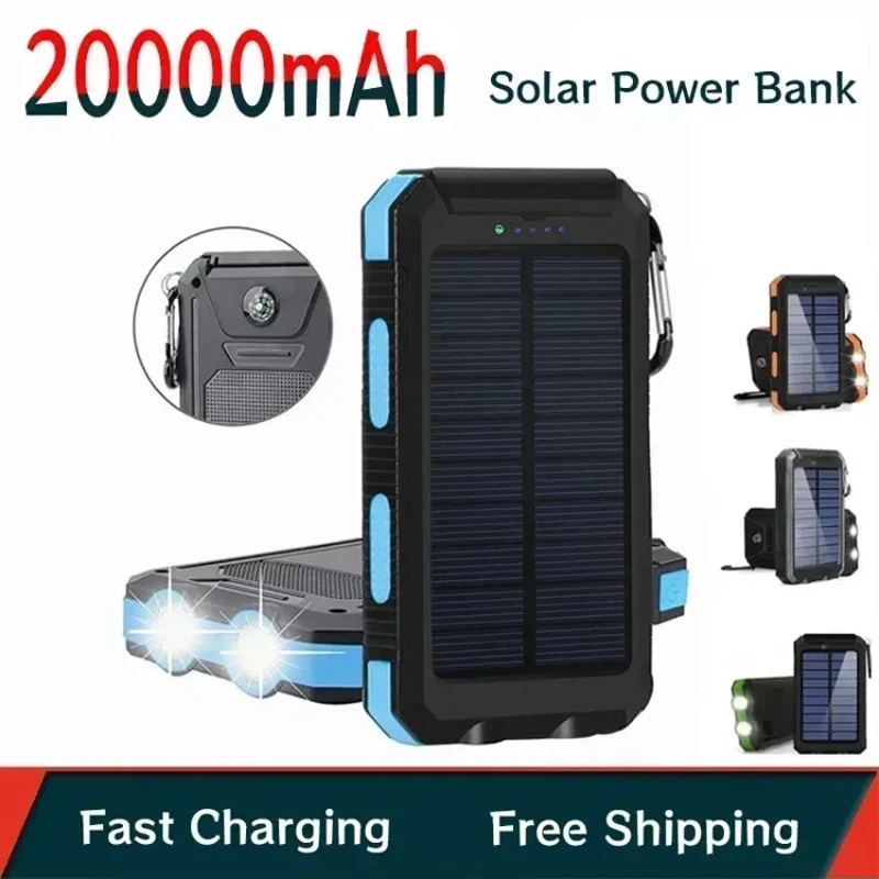 20000mah Portable Solar Power Bank Powerful Charging Powerbank External Battery Charger Strong Light LDE Light for Xiaomi Phone